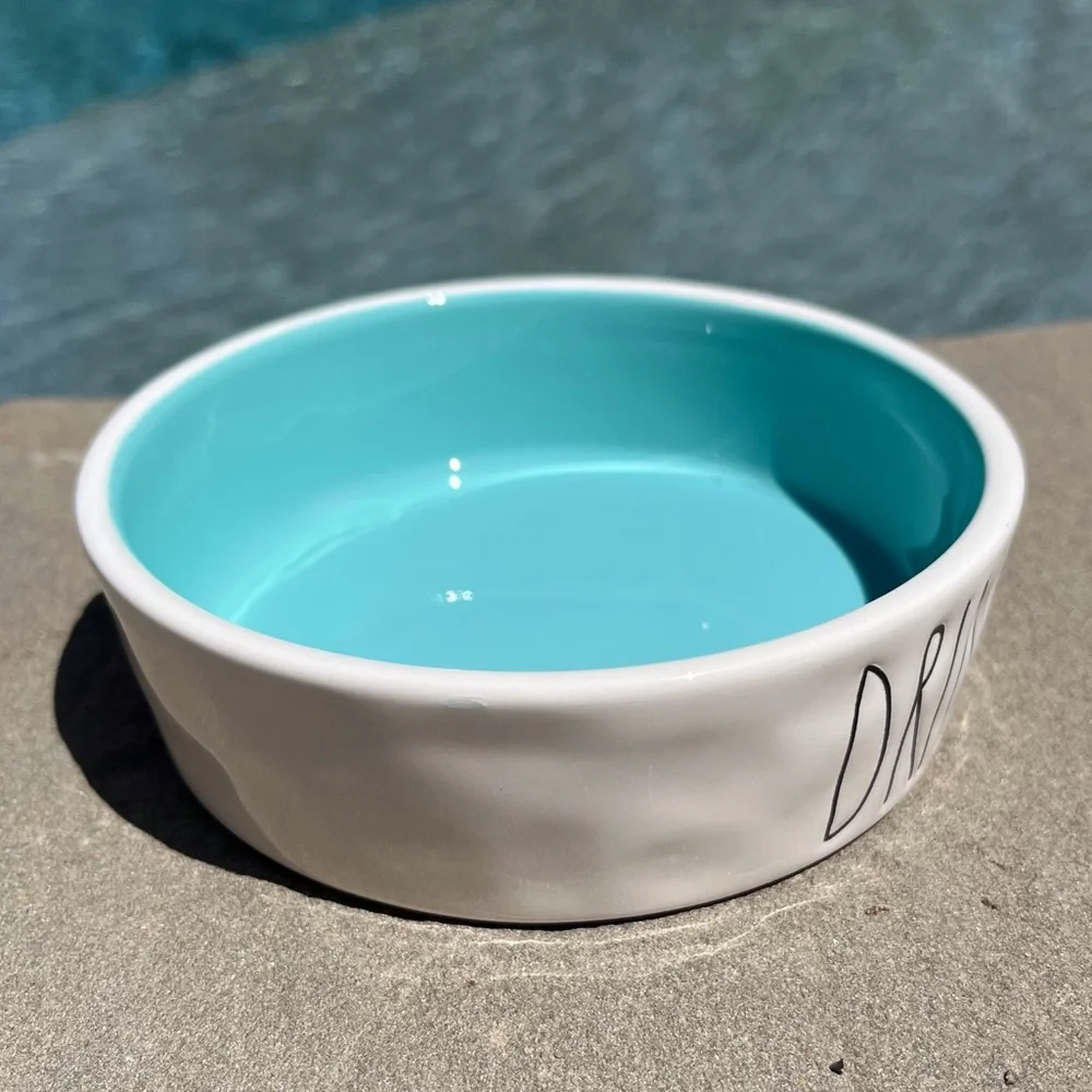 Rae Dunn Pet Bowl White & Turquoise DRINK Artisan Collection By Magenta Dimples